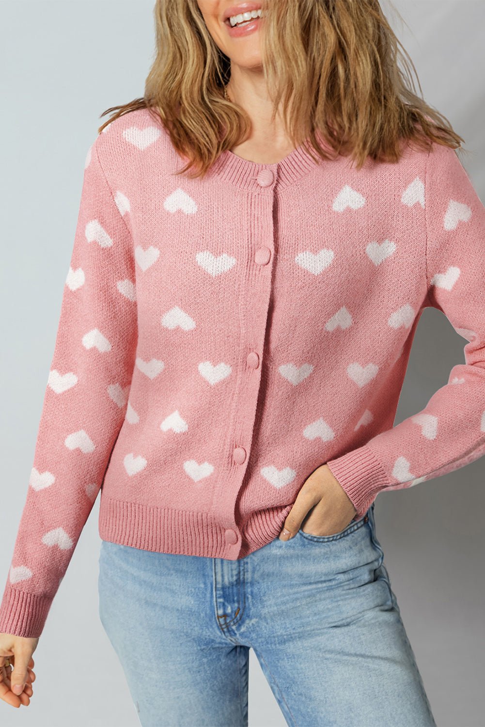 Light Pink Heart Pattern Button Front Cardigan Sweater - MAD RUFFI