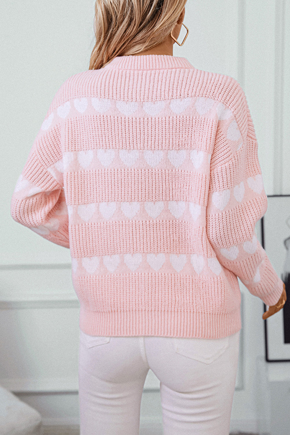 Light Pink Heart Print Round Neck Casual Knit Sweater - MAD RUFFI