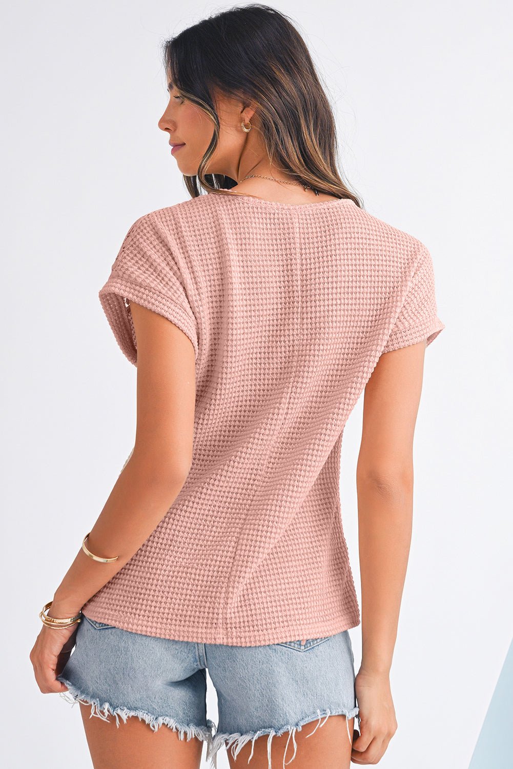 Light Pink Hollow Patchwork Waffle Knit Top - MAD RUFFI