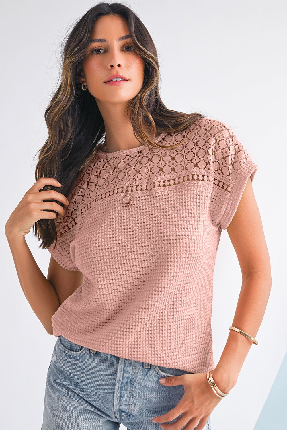 Light Pink Hollow Patchwork Waffle Knit Top - MAD RUFFI