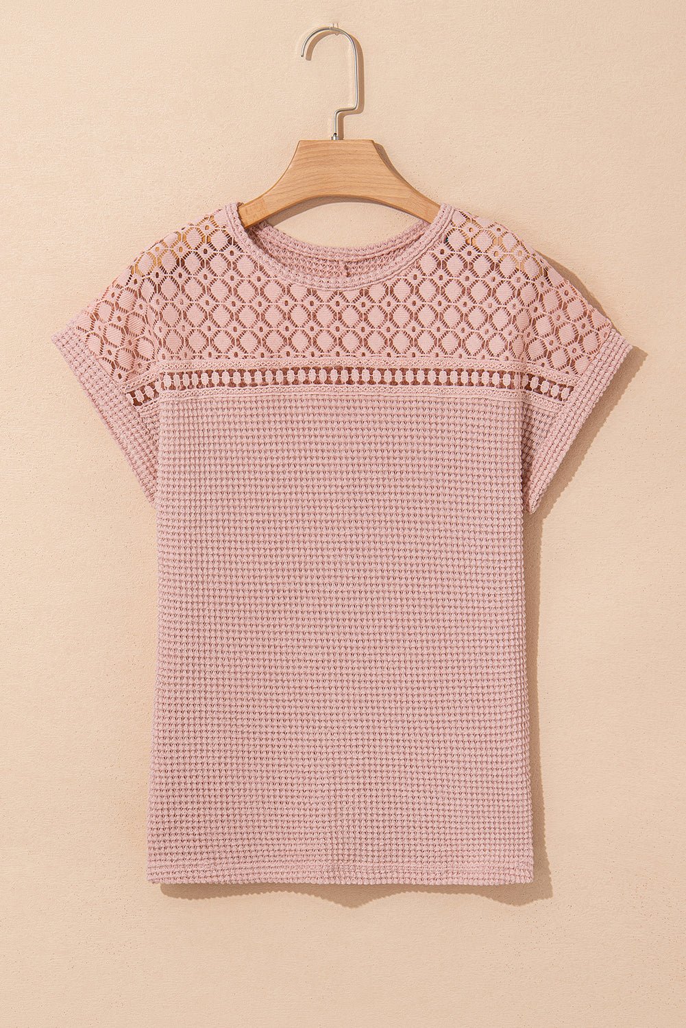 Light Pink Hollow Patchwork Waffle Knit Top - MAD RUFFI
