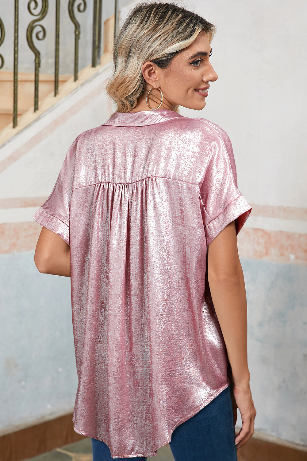 Light Pink Metallic Sheen Button Up Shirt - MAD RUFFI