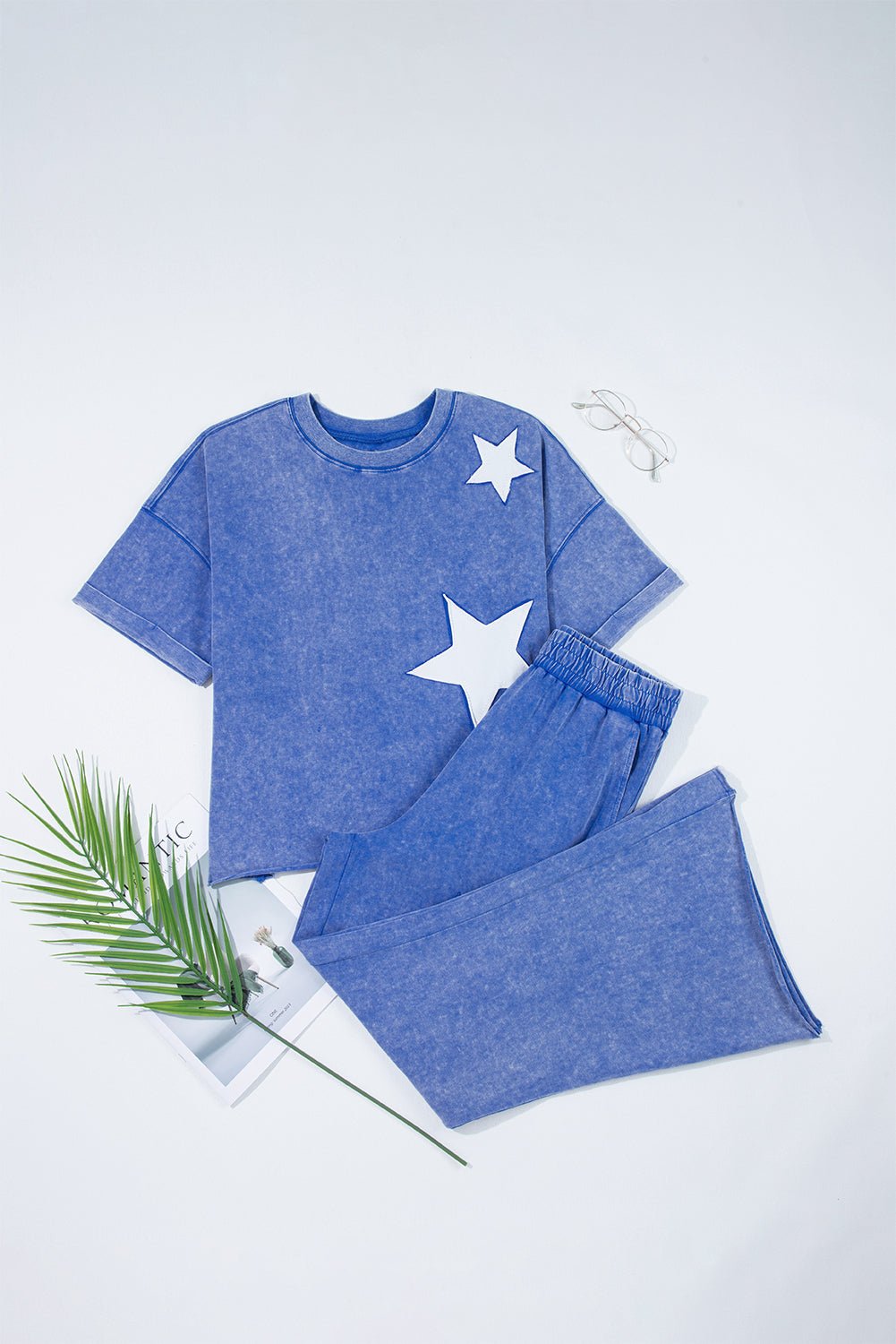 Light Pink Mineral Wash Star Patched Loose Pants Set - MAD RUFFI