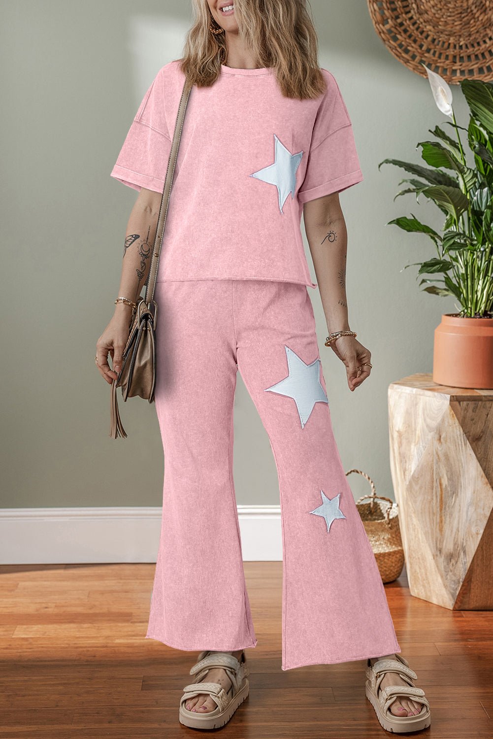 Light Pink Mineral Wash Star Patched Loose Pants Set - MAD RUFFI