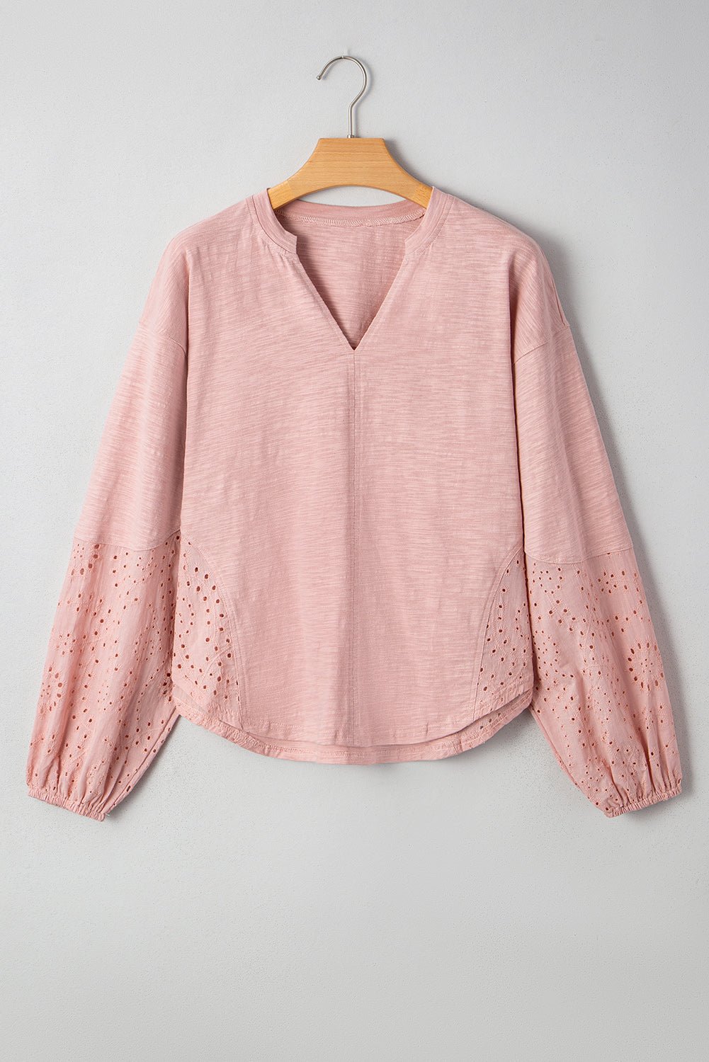 Light Pink Notch V Neck Batwing Sleeve Patchwork Blouse - MAD RUFFI