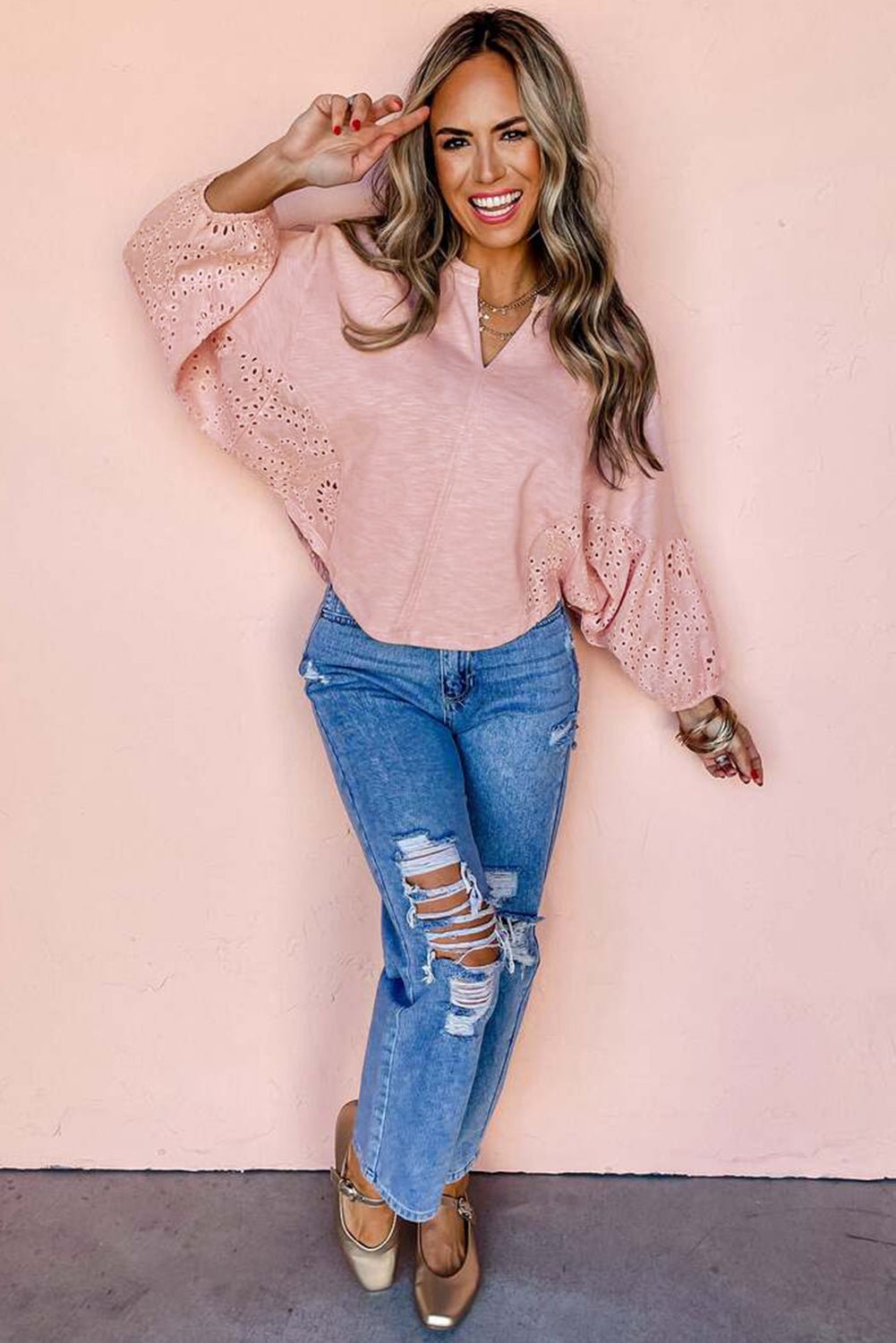 Light Pink Notch V Neck Batwing Sleeve Patchwork Blouse - MAD RUFFI