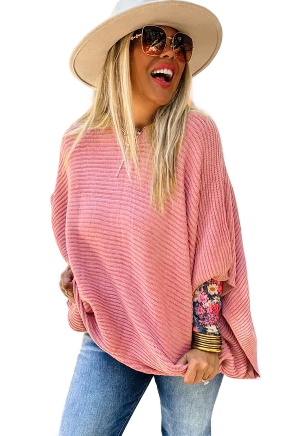 Light Pink Ribbed Knit Half Sleeve Plus Size Poncho Style Sweater - MAD RUFFI