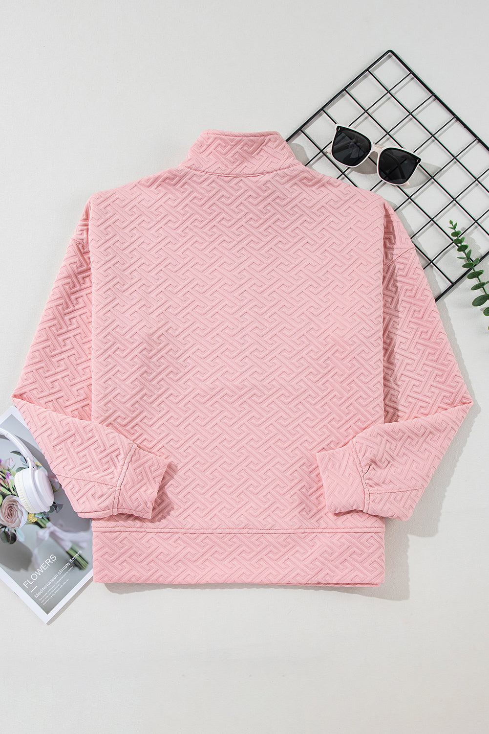 Light Pink Solid Textured Half Zipper Collared Sweatshirt - Sweatshirts & Hoodies