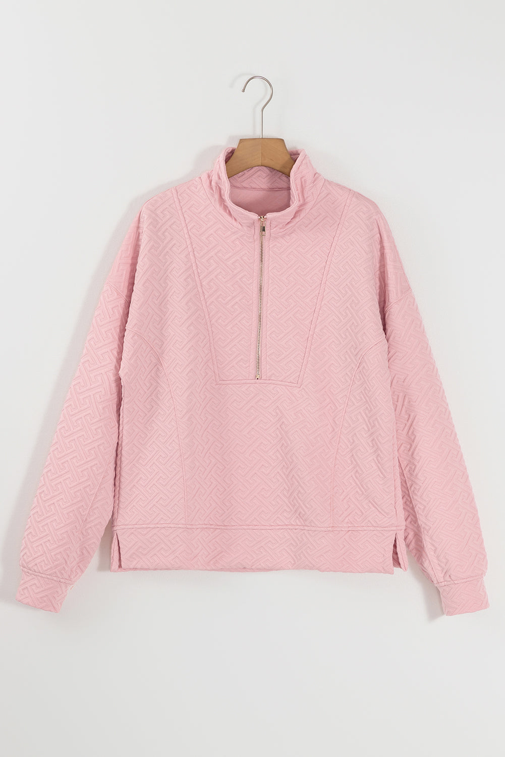 Light Pink Solid Textured Half Zipper Collared Sweatshirt - Sweatshirts & Hoodies