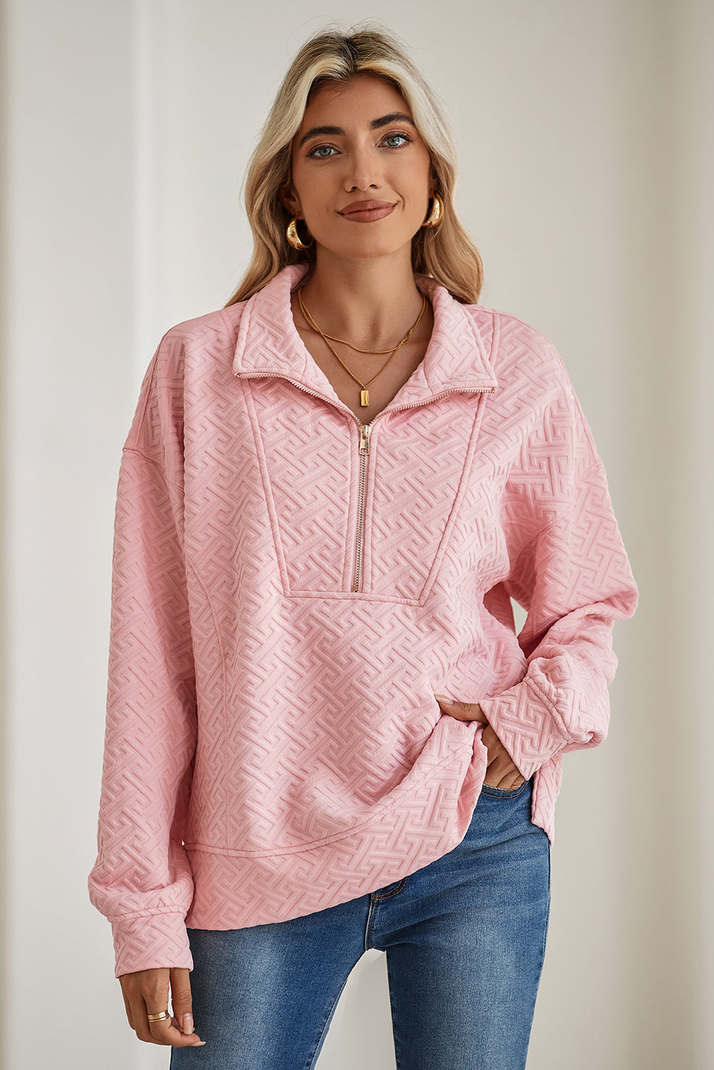 Light Pink Solid Textured Half Zipper Collared Sweatshirt - Sweatshirts & Hoodies