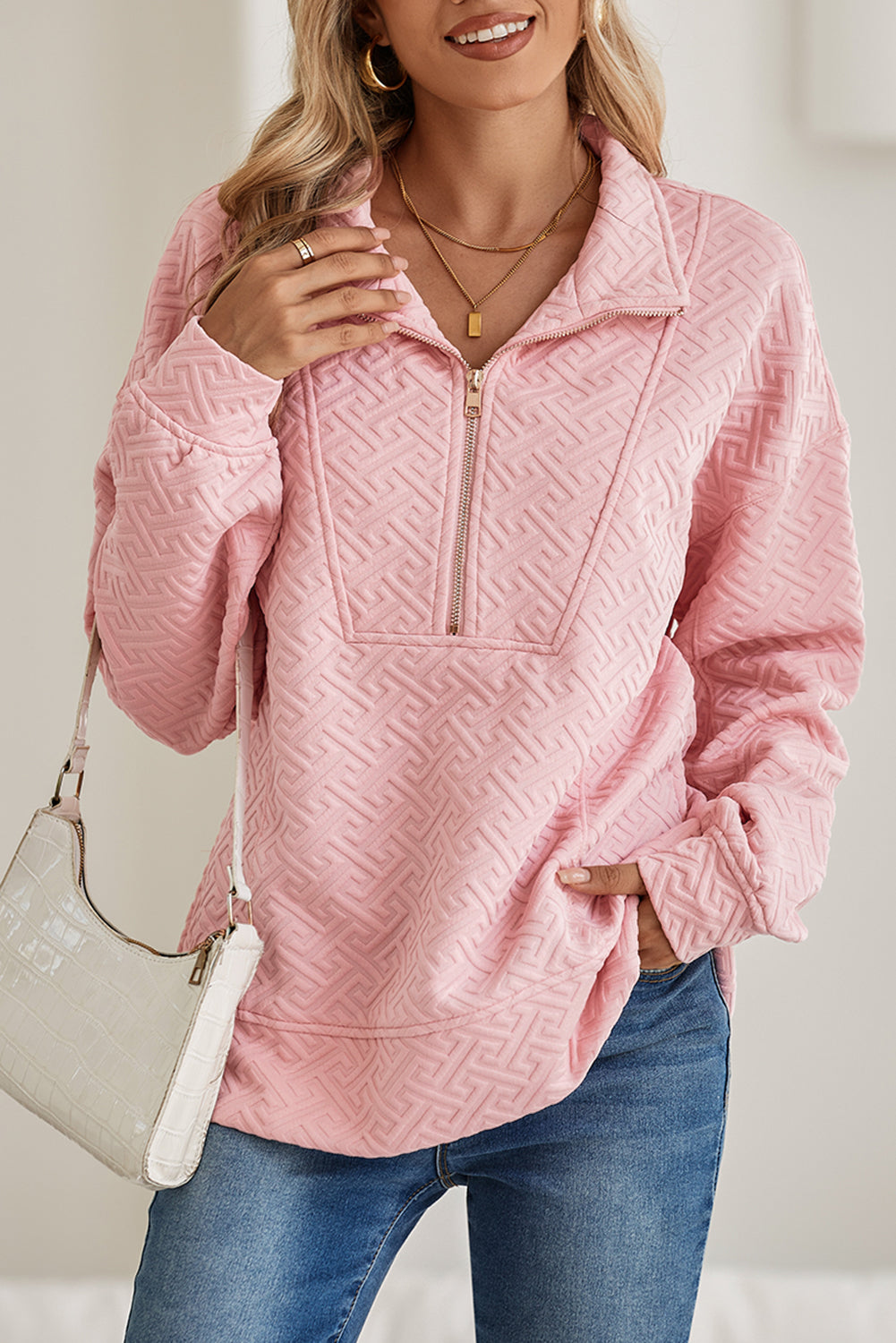 Light Pink Solid Textured Half Zipper Collared Sweatshirt - Sweatshirts & Hoodies