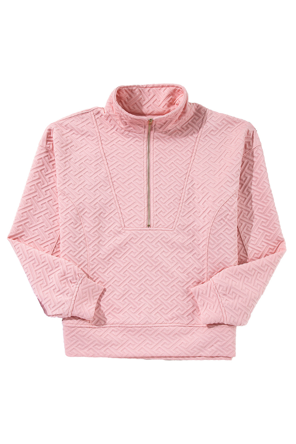 Light Pink Solid Textured Half Zipper Collared Sweatshirt - Sweatshirts & Hoodies