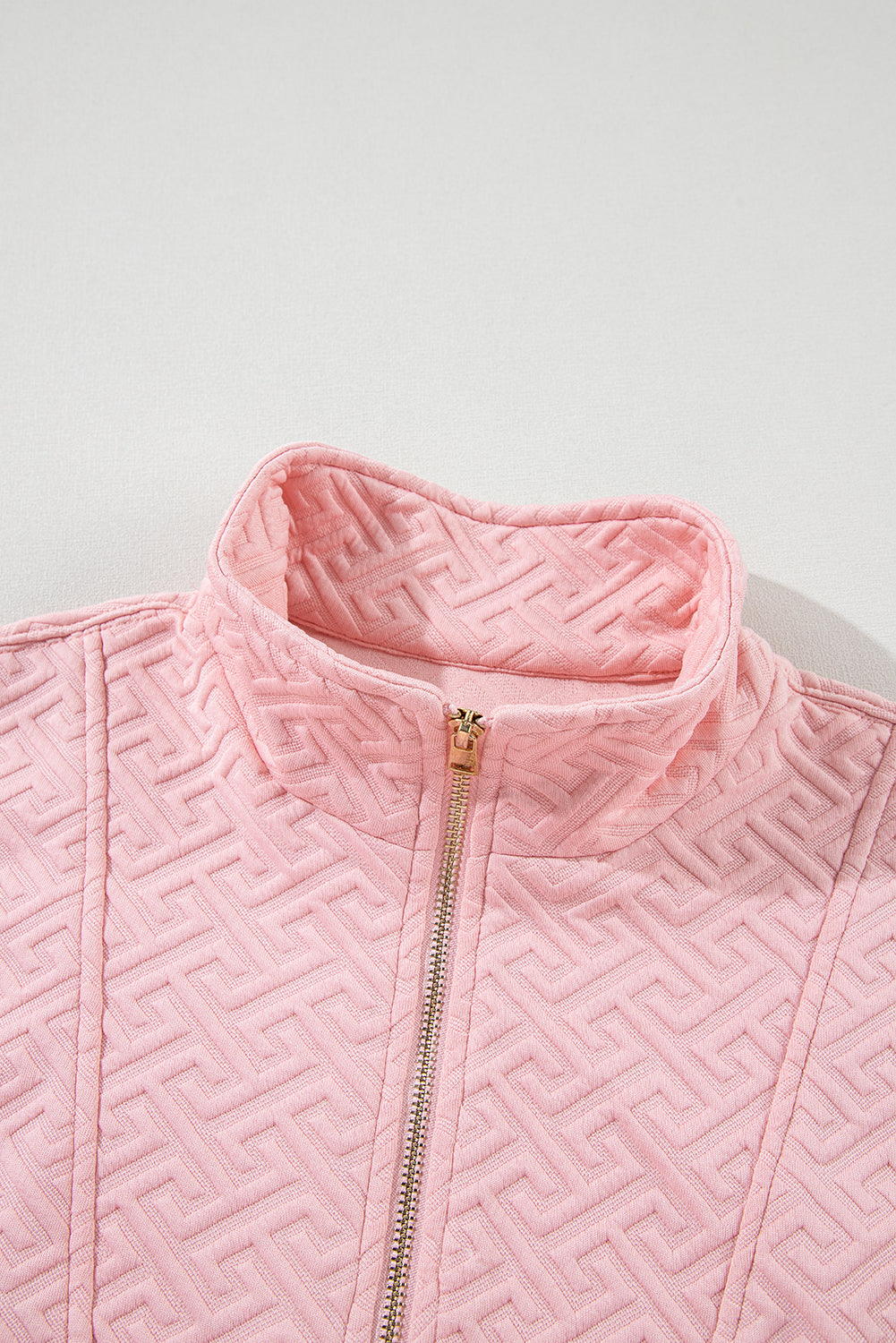 Light Pink Solid Textured Half Zipper Collared Sweatshirt - Sweatshirts & Hoodies