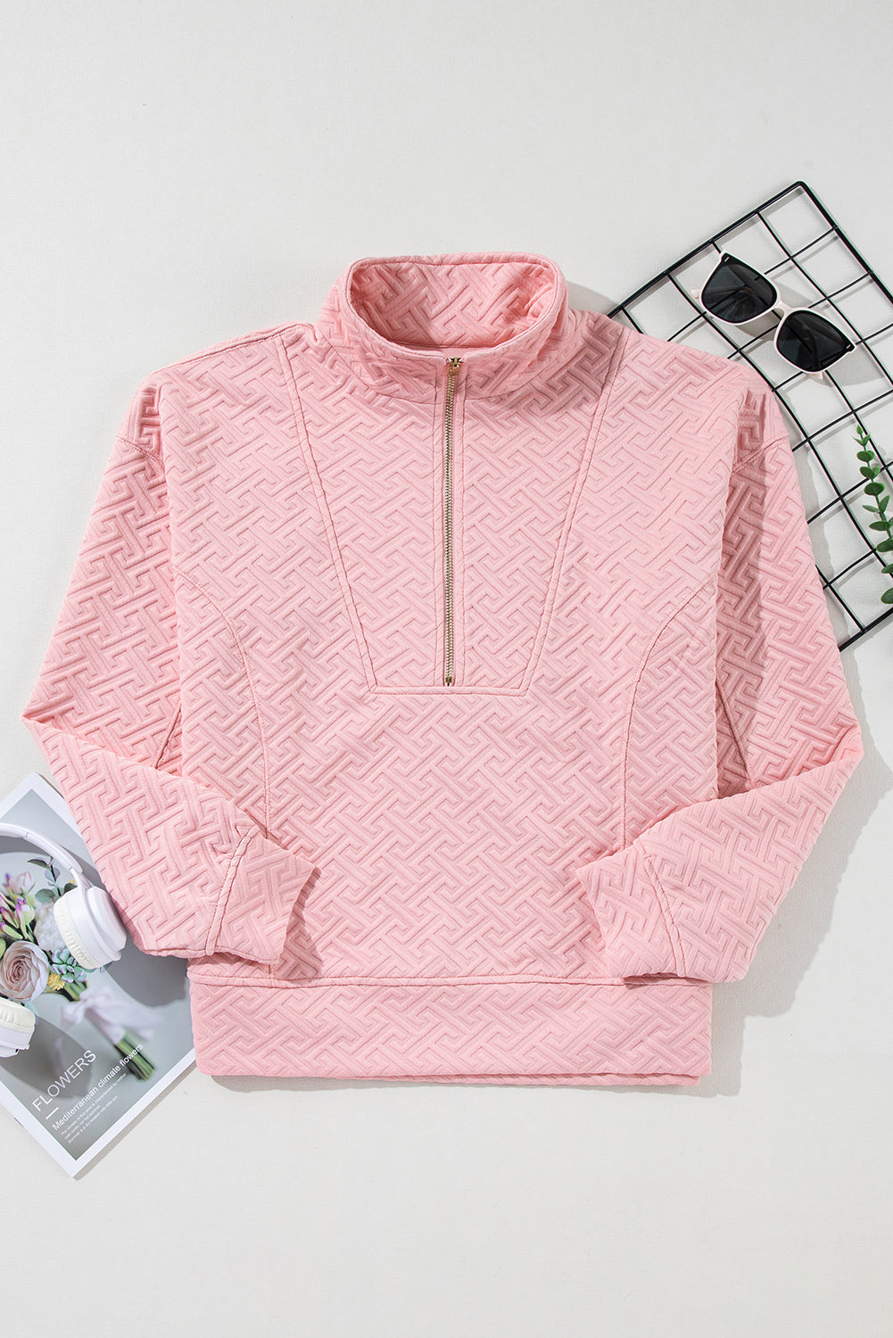 Light Pink Solid Textured Half Zipper Collared Sweatshirt - Sweatshirts & Hoodies