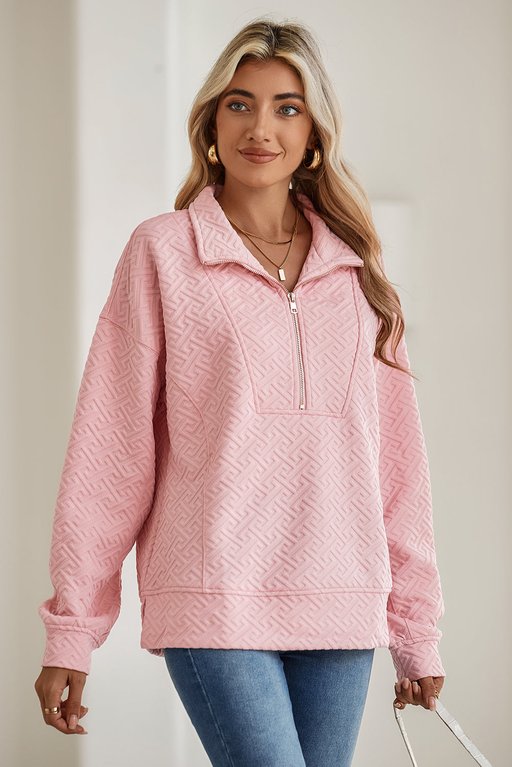 Light Pink Solid Textured Half Zipper Collared Sweatshirt - Sweatshirts & Hoodies