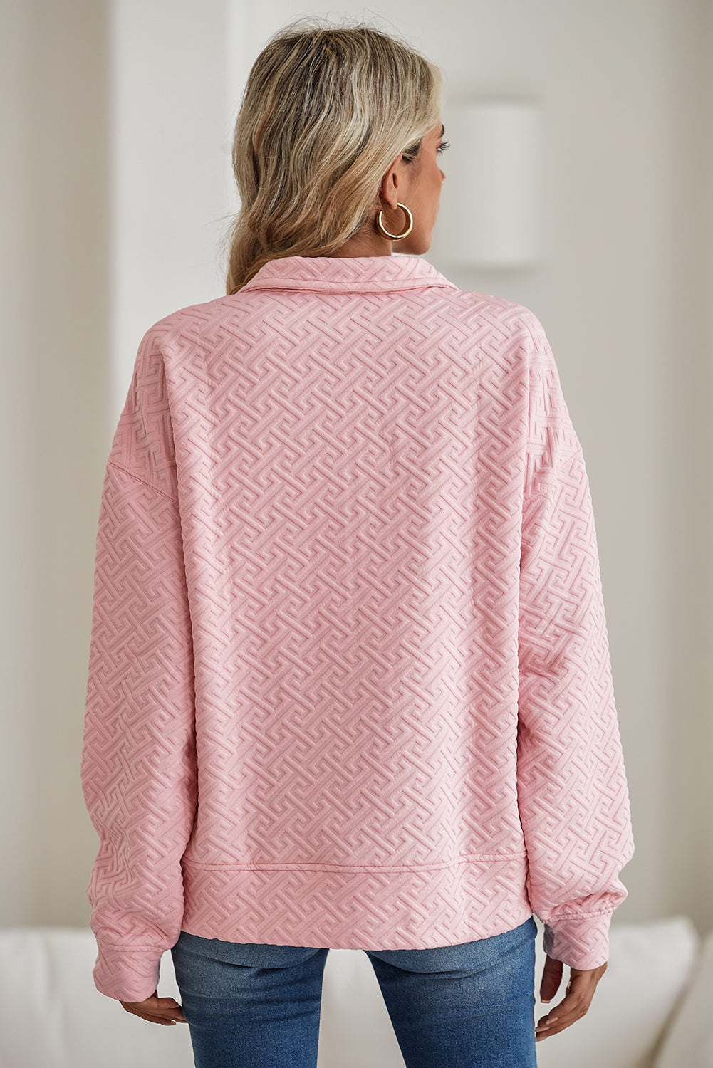 Light Pink Solid Textured Half Zipper Collared Sweatshirt - Sweatshirts & Hoodies