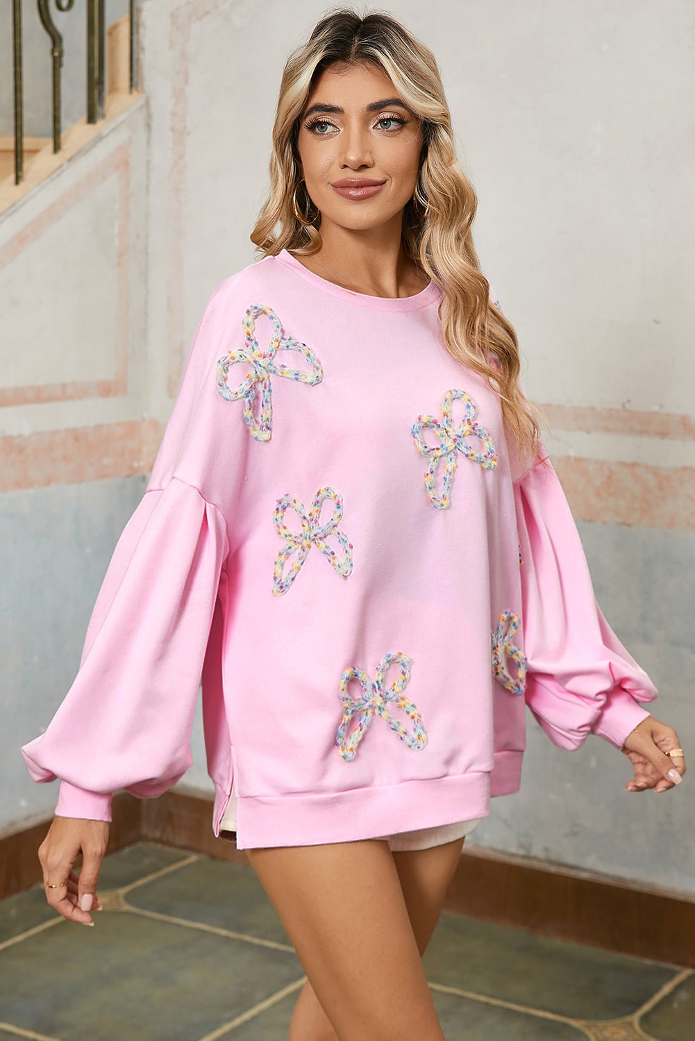 Light Pink Sweet Bow Lantern Sleeve Oversized Pullover Sweatshirt - MAD RUFFI