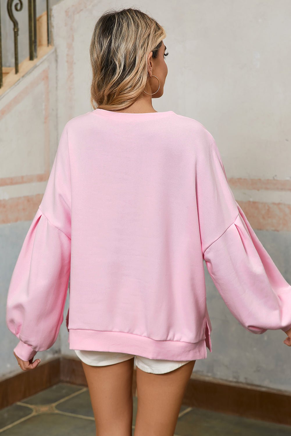 Light Pink Sweet Bow Lantern Sleeve Oversized Pullover Sweatshirt - MAD RUFFI