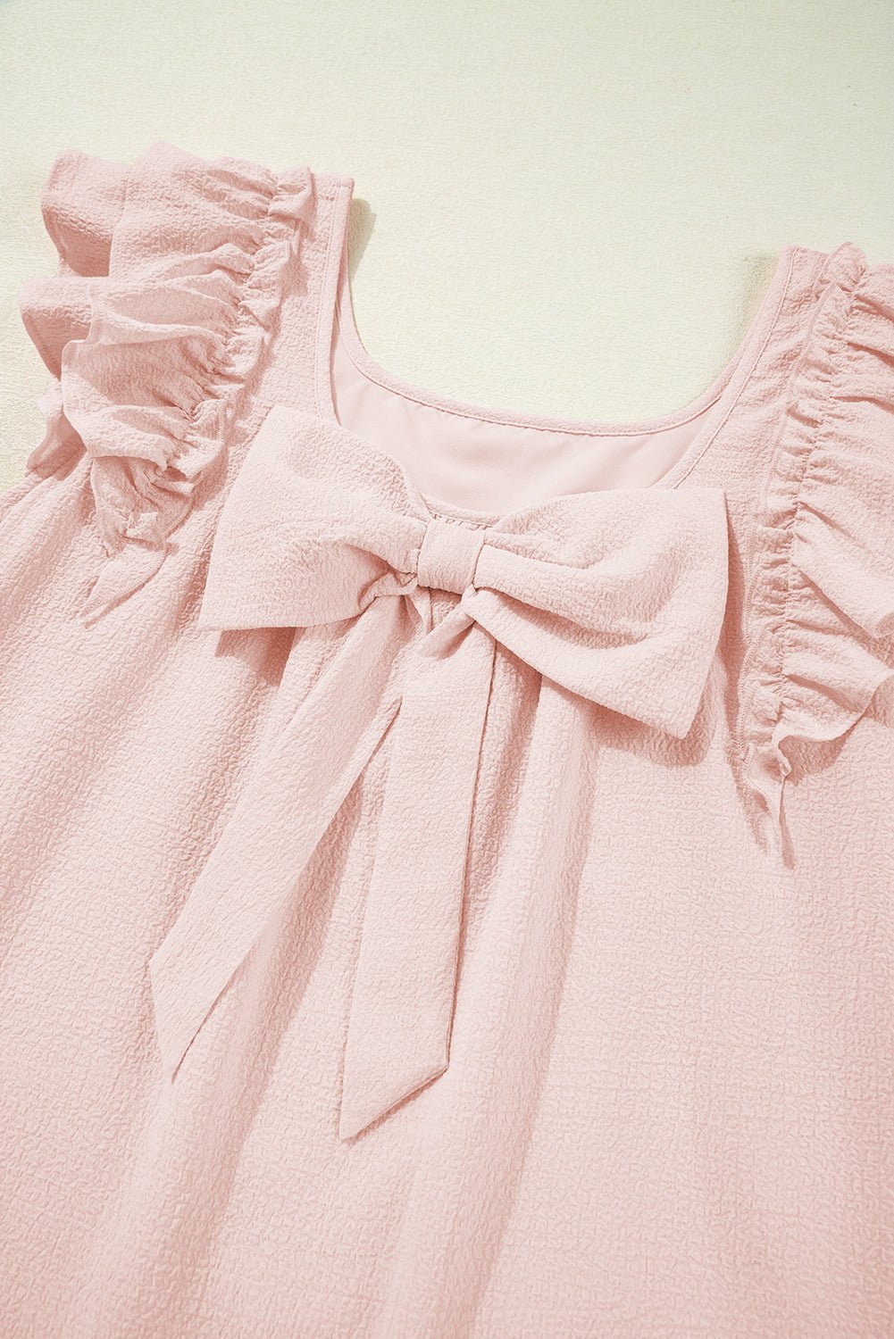 Light Pink Textured Flutter Sleeve Square Neck Bow Back Mini Dress - MAD RUFFI