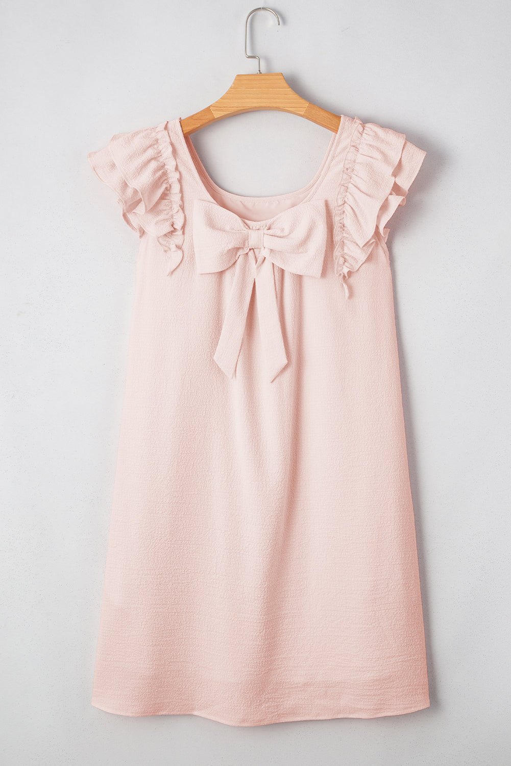 Light Pink Textured Flutter Sleeve Square Neck Bow Back Mini Dress - MAD RUFFI