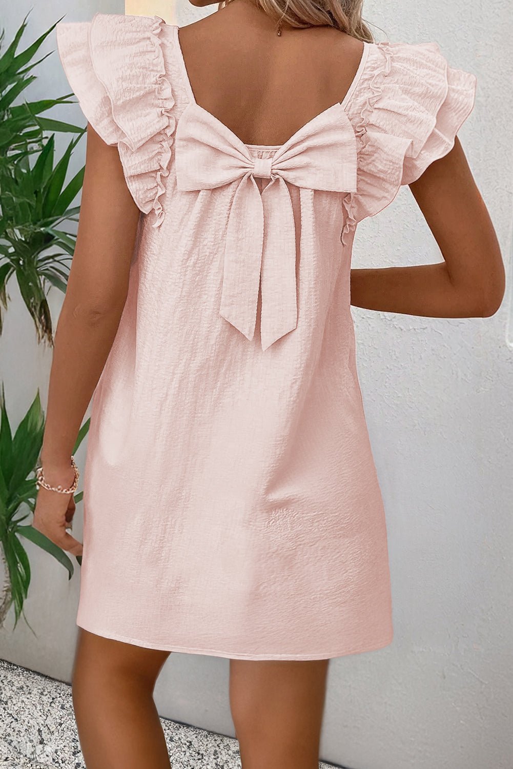 Light Pink Textured Flutter Sleeve Square Neck Bow Back Mini Dress - MAD RUFFI