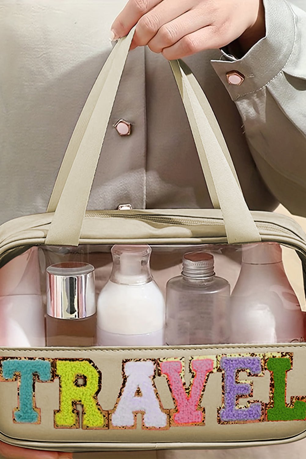 Light Pink TRAVEL Chenille Letter Clear PVC Makeup Bag - MAD RUFFI