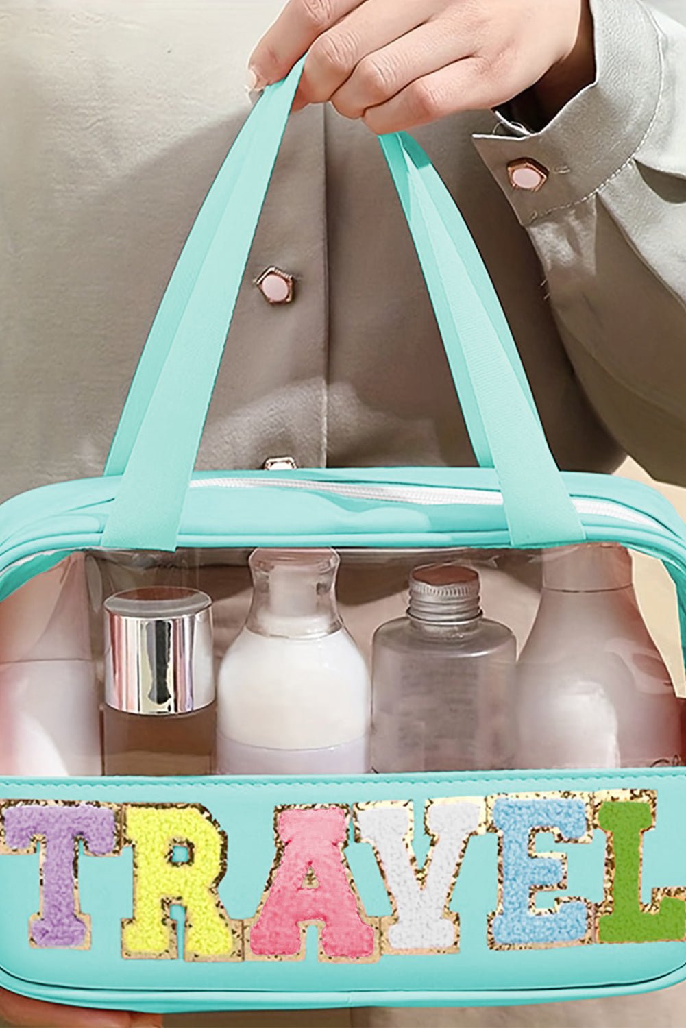 Light Pink TRAVEL Chenille Letter Clear PVC Makeup Bag - MAD RUFFI