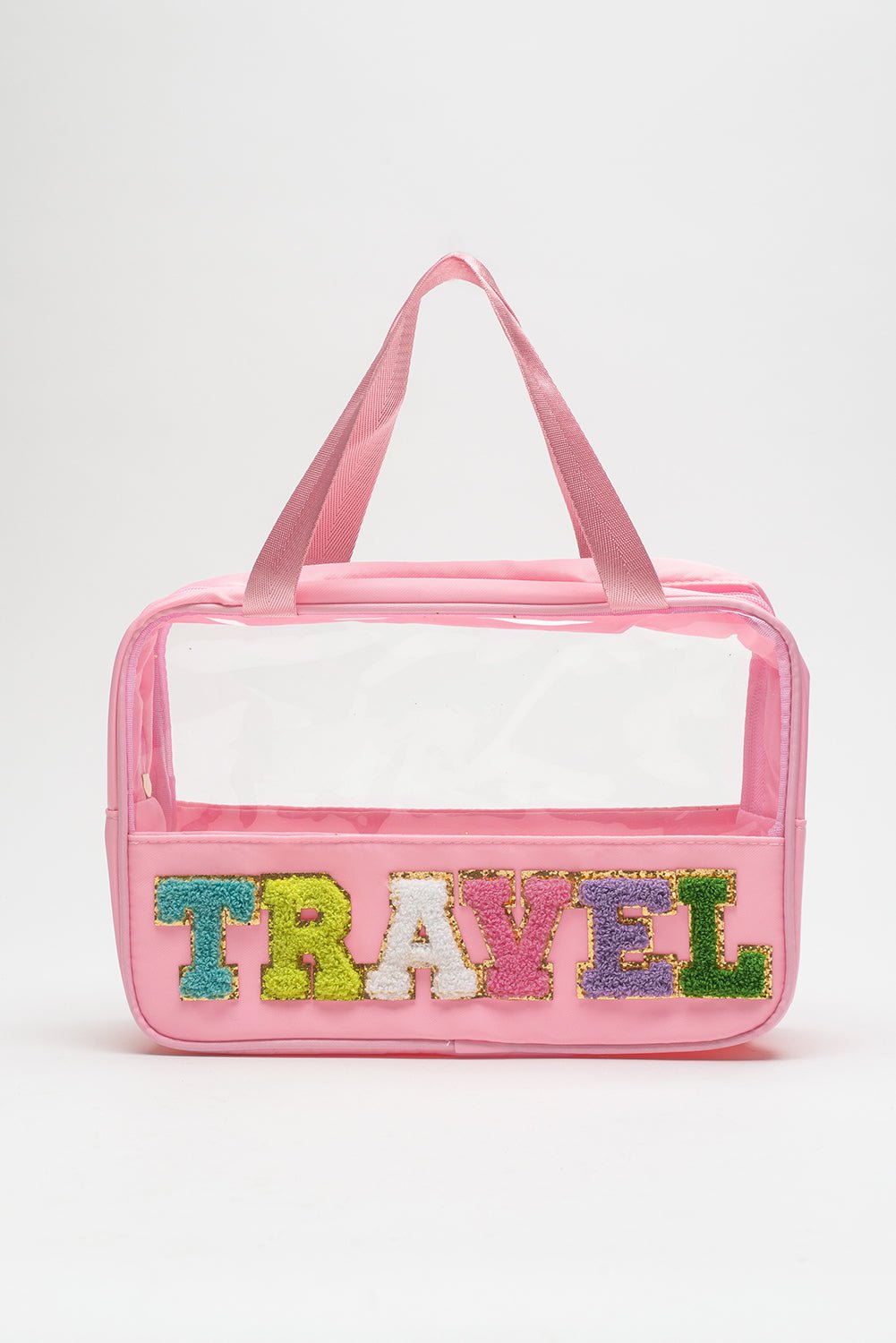 Light Pink TRAVEL Chenille Letter Clear PVC Makeup Bag - MAD RUFFI