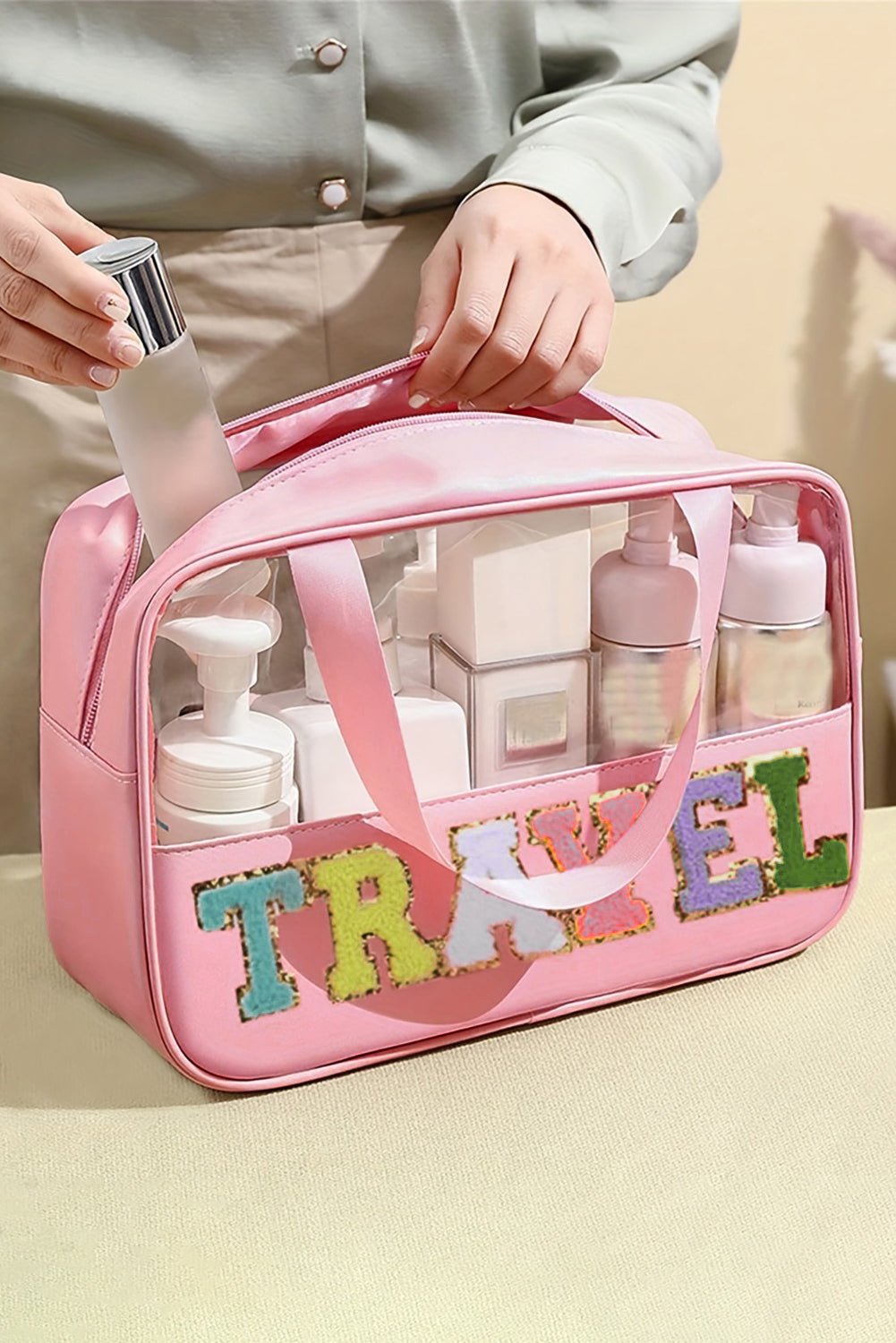 Light Pink TRAVEL Chenille Letter Clear PVC Makeup Bag - MAD RUFFI
