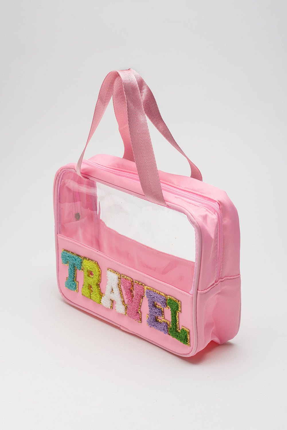 Light Pink TRAVEL Chenille Letter Clear PVC Makeup Bag - MAD RUFFI