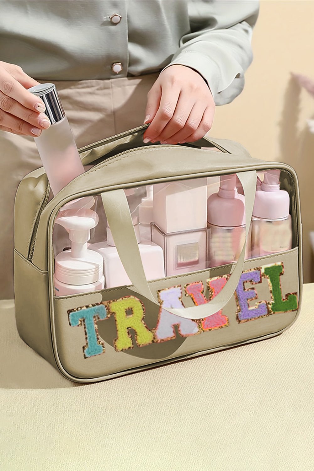 Light Pink TRAVEL Chenille Letter Clear PVC Makeup Bag - MAD RUFFI