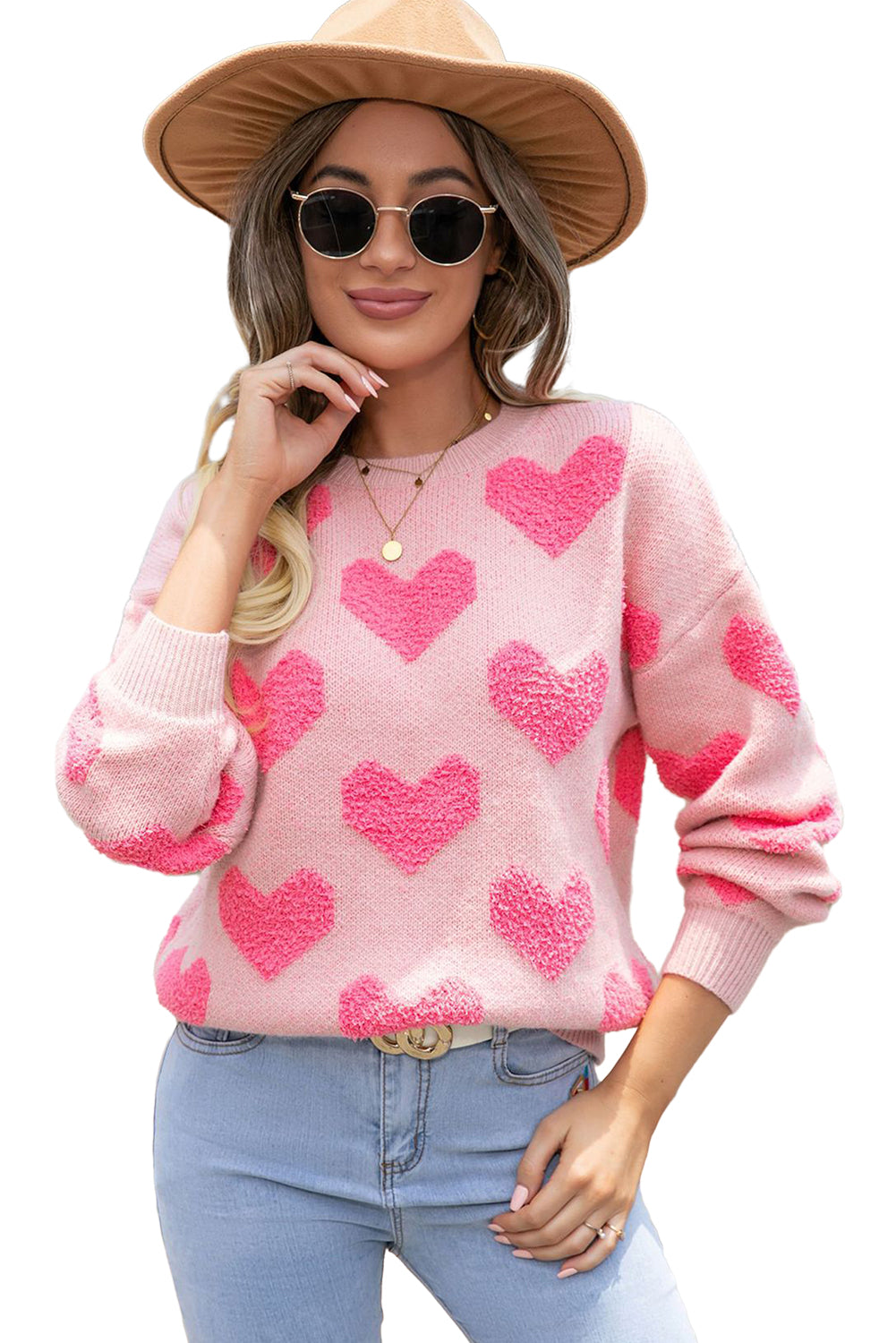 Light Pink Valentines Day Heart Jacquard Knit Sweater - MAD RUFFI