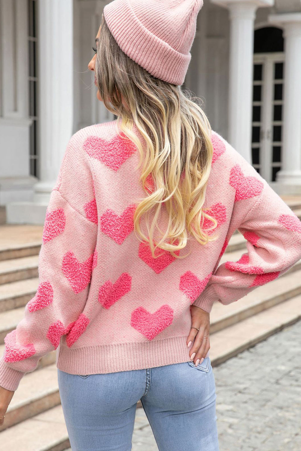 Light Pink Valentines Day Heart Jacquard Knit Sweater - MAD RUFFI