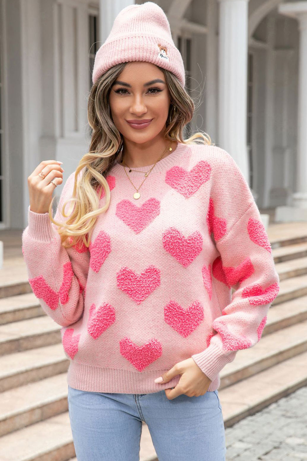 Light Pink Valentines Day Heart Jacquard Knit Sweater - MAD RUFFI