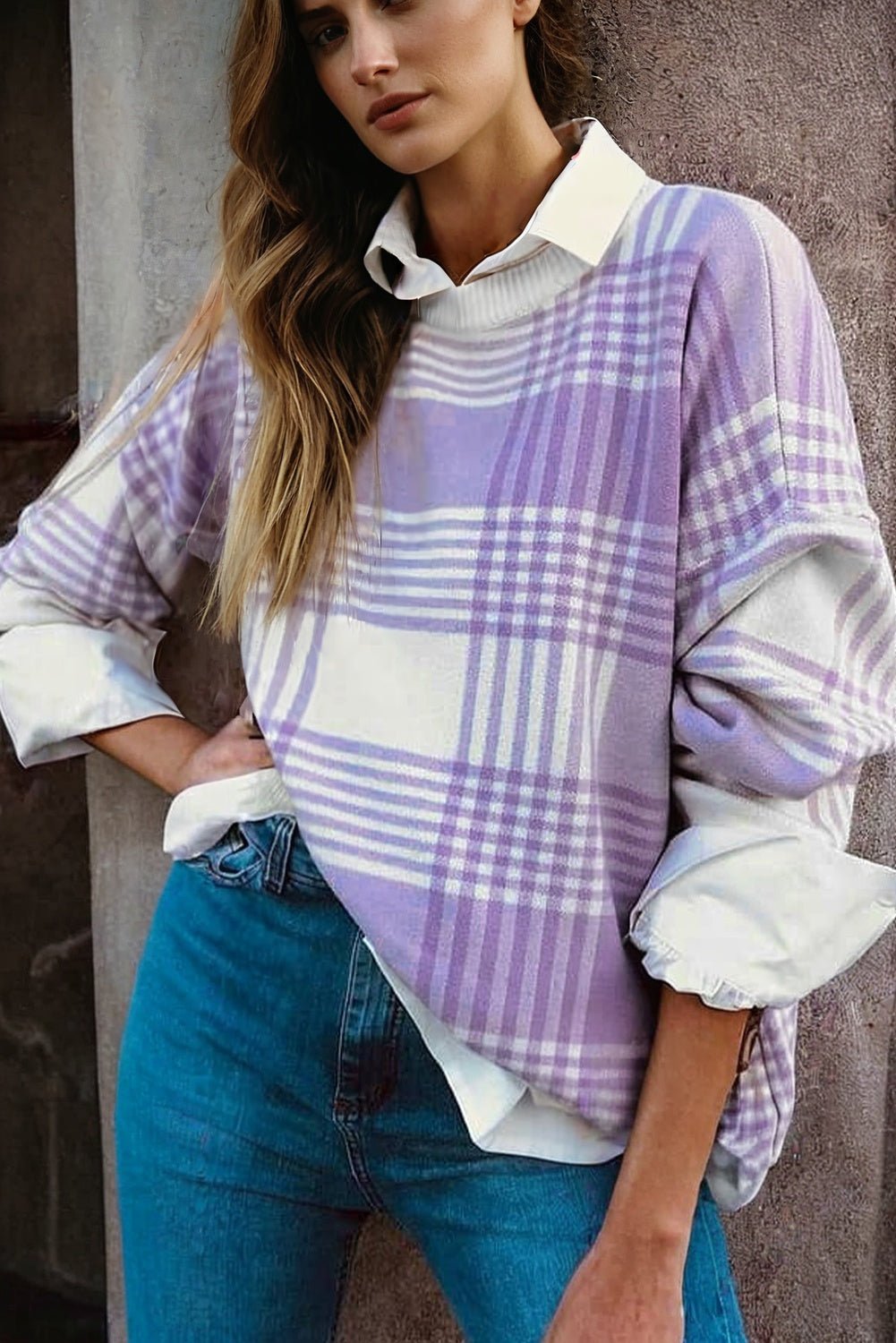 Lilac Plaid Print Ribbed Trim Loose Sweater - MAD RUFFI