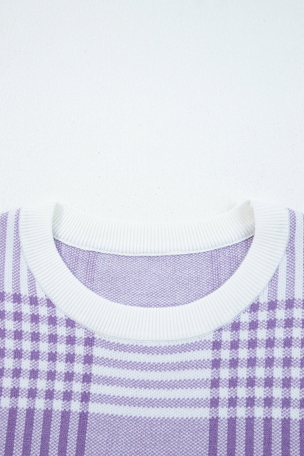 Lilac Plaid Print Ribbed Trim Loose Sweater - MAD RUFFI