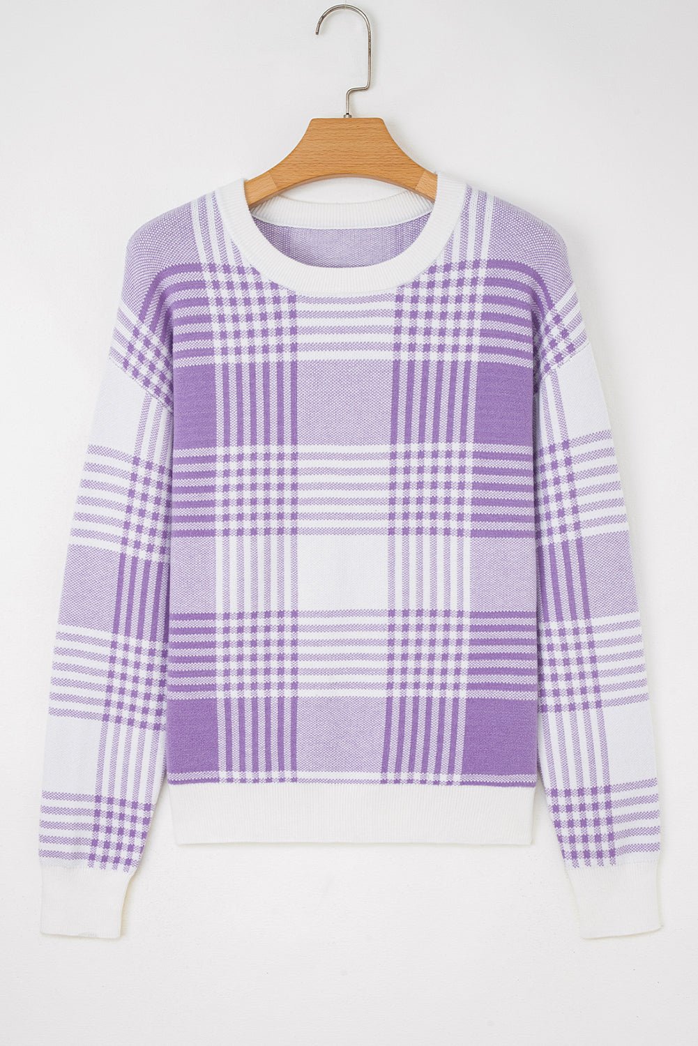 Lilac Plaid Print Ribbed Trim Loose Sweater - MAD RUFFI