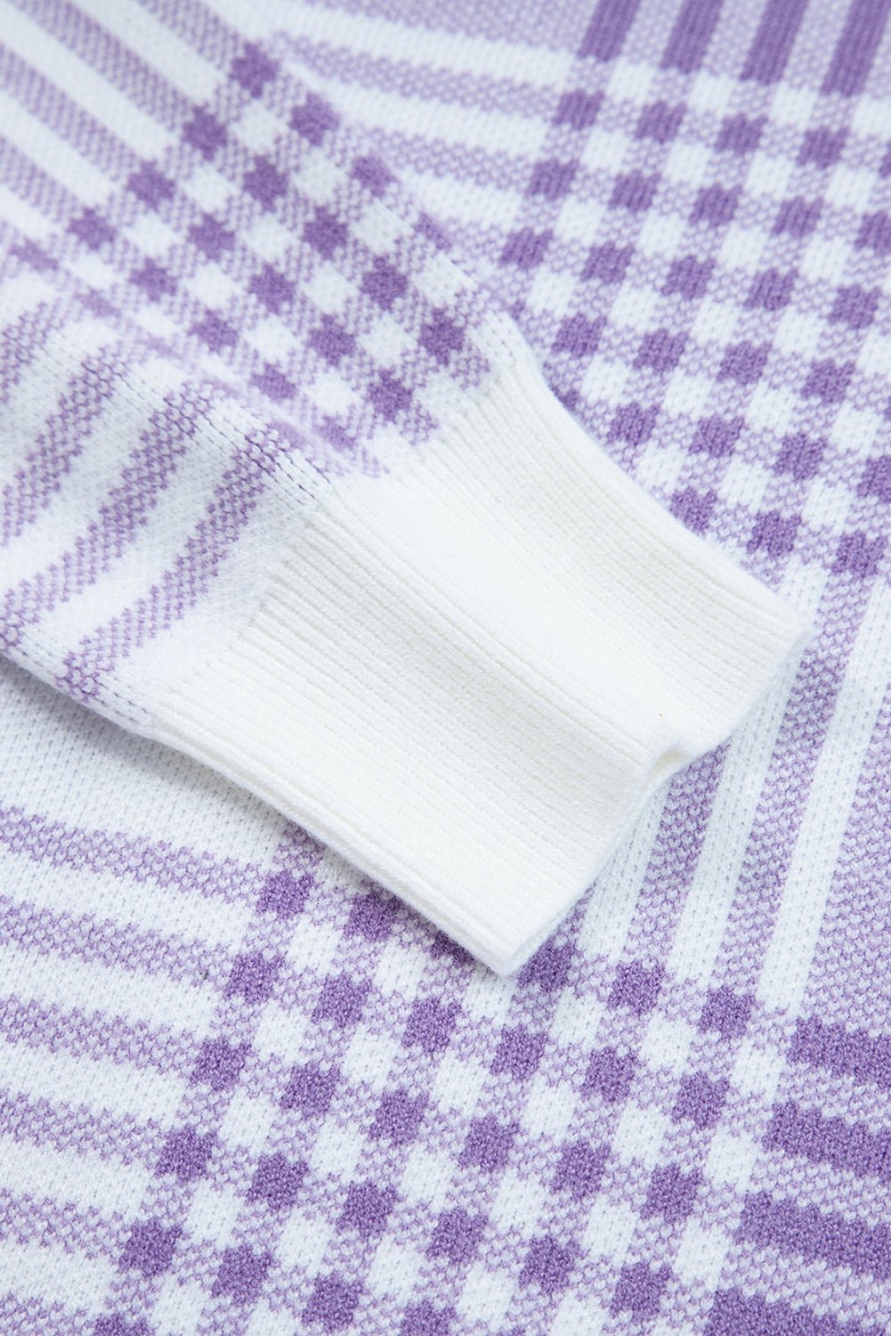 Lilac Plaid Print Ribbed Trim Loose Sweater - MAD RUFFI