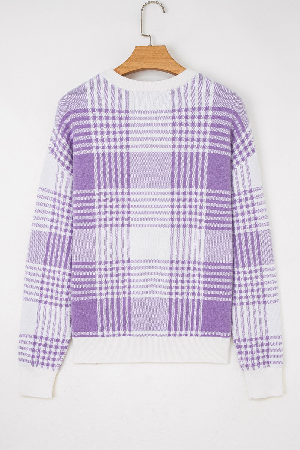 Lilac Plaid Print Ribbed Trim Loose Sweater - MAD RUFFI