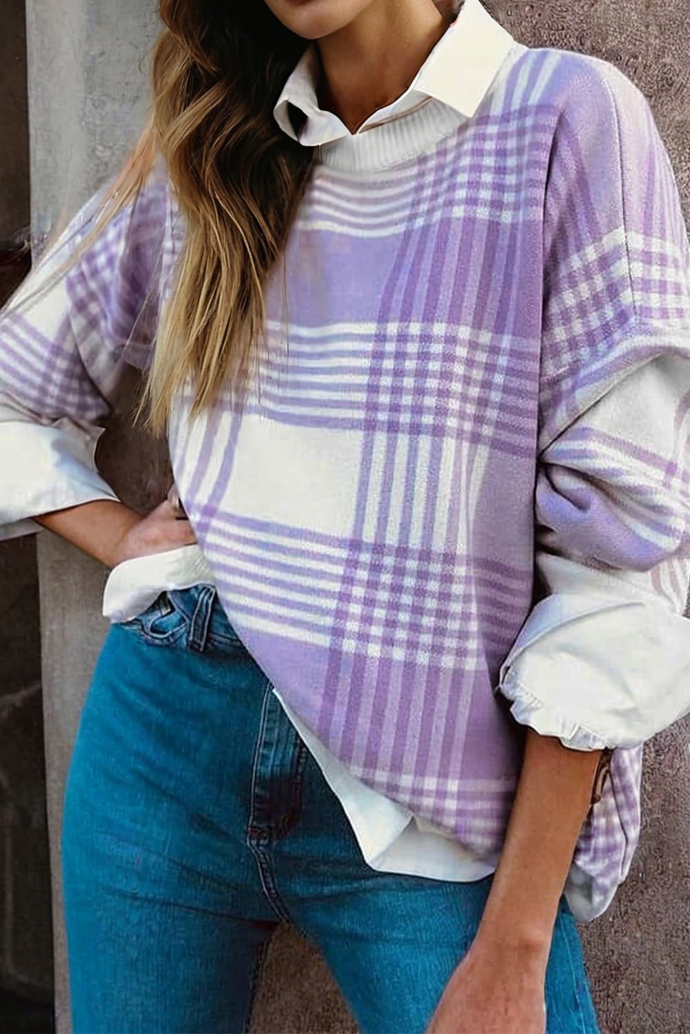 Lilac Plaid Print Ribbed Trim Loose Sweater - MAD RUFFI
