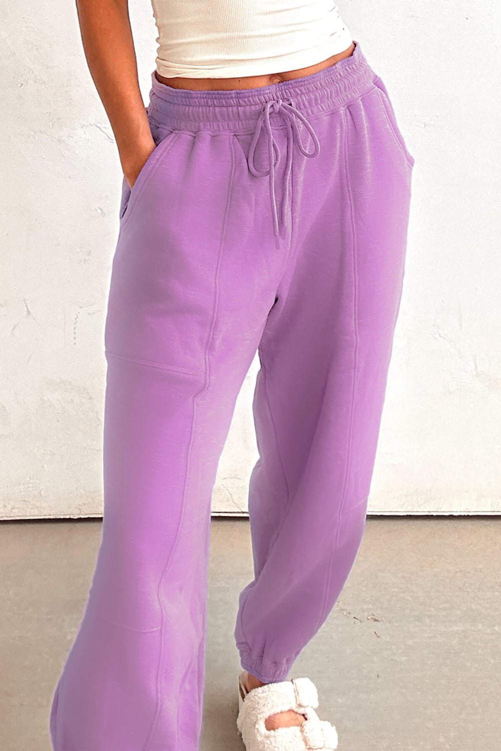 Lilac Tie Elastic Waist Solid Color Patchwork Jogger Pants - MAD RUFFI