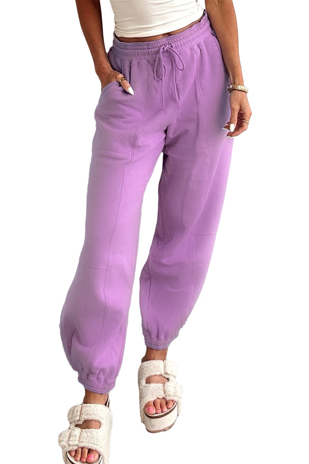 Lilac Tie Elastic Waist Solid Color Patchwork Jogger Pants - MAD RUFFI