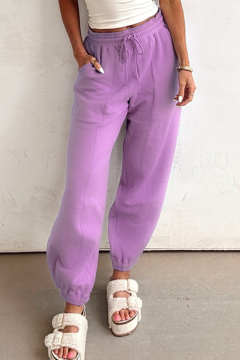 Lilac Tie Elastic Waist Solid Color Patchwork Jogger Pants - MAD RUFFI