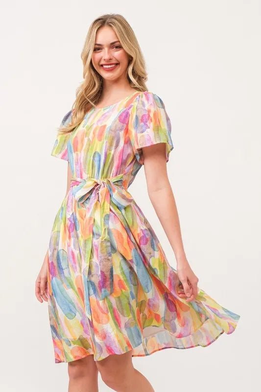 Lime 'N' Chili Watercolor Print Tie Front Midi Dress - MAD RUFFI