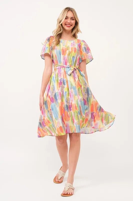 Lime 'N' Chili Watercolor Print Tie Front Midi Dress - MAD RUFFI
