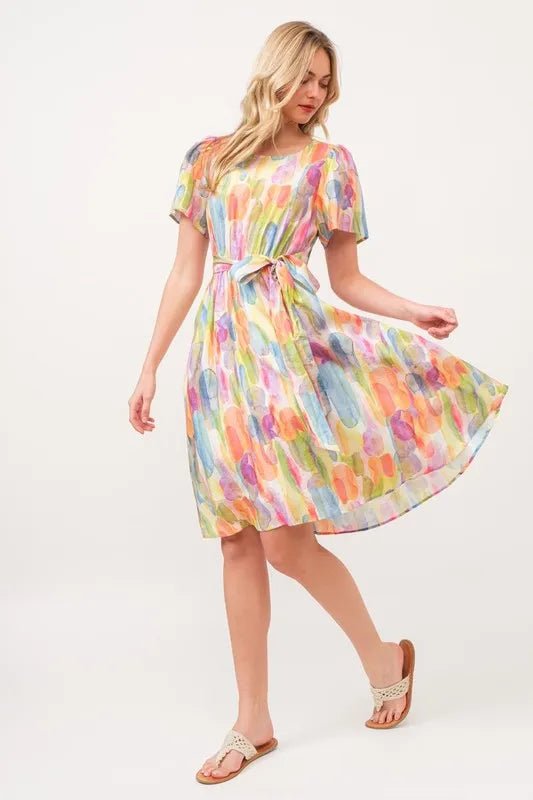 Lime 'N' Chili Watercolor Print Tie Front Midi Dress - MAD RUFFI