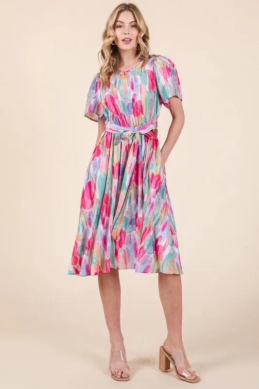 Lime 'N' Chili Watercolor Print Tie Front Midi Dress - MAD RUFFI