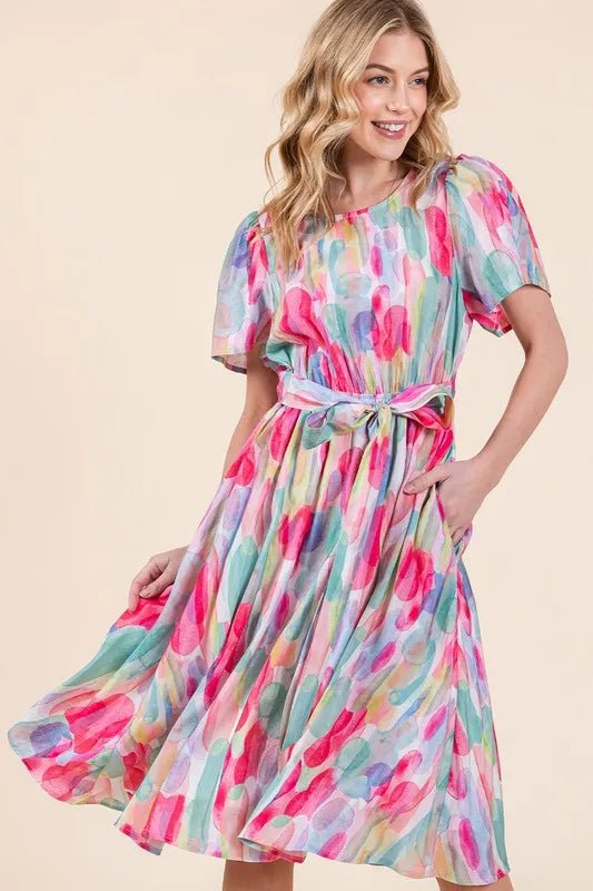 Lime 'N' Chili Watercolor Print Tie Front Midi Dress - MAD RUFFI