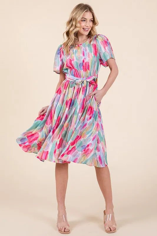 Lime 'N' Chili Watercolor Print Tie Front Midi Dress - MAD RUFFI