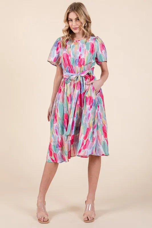 Lime 'N' Chili Watercolor Print Tie Front Midi Dress - MAD RUFFI